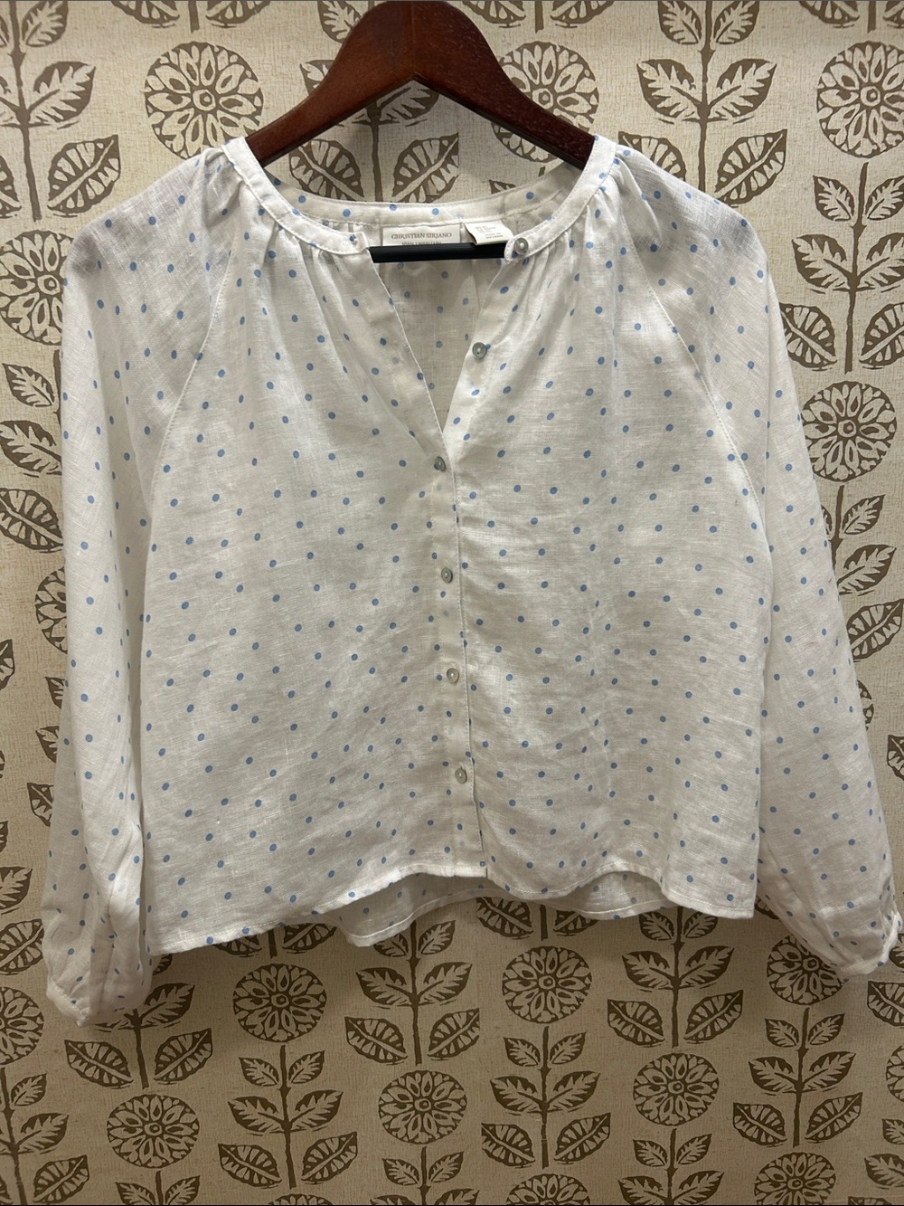Christian Siriano White Linen Button-Front Blouse with Light Blue Polka Dots